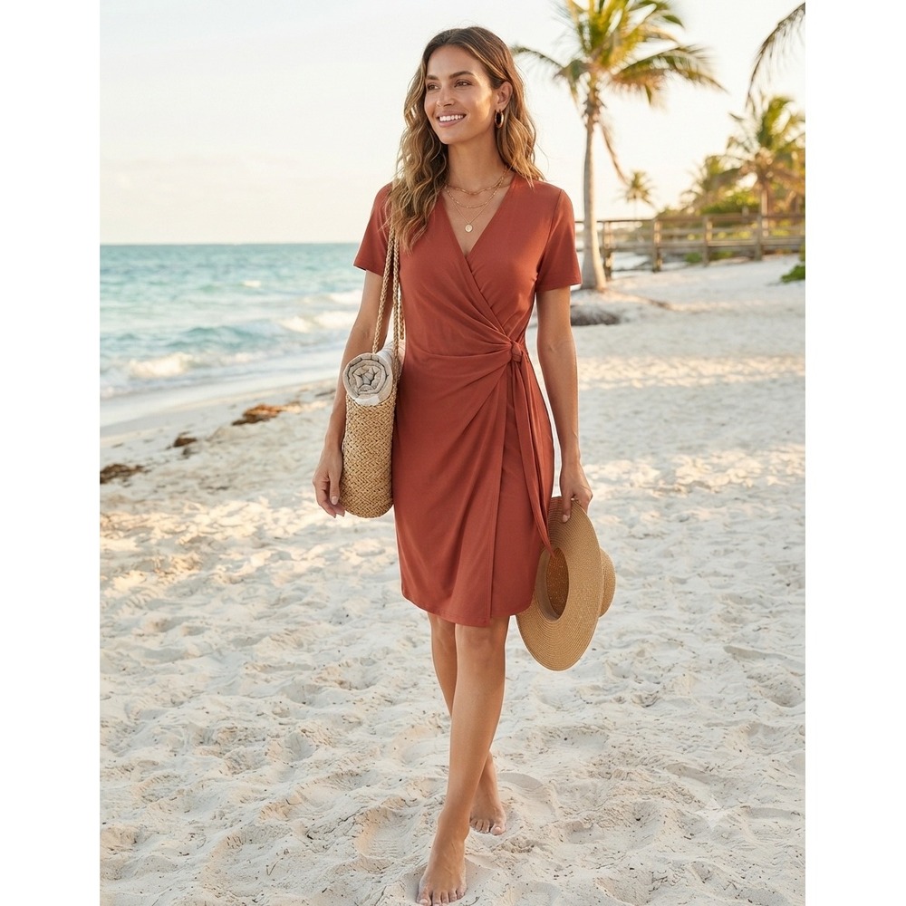 Anne Klein Womens Faux Wrap Dress Rust Terracotta V-Neck Short Sleeve Size 4 NWT